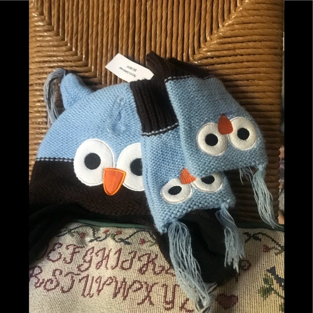 💙 Baby Owl Crochet 3-piece Hat And Matching Warmers